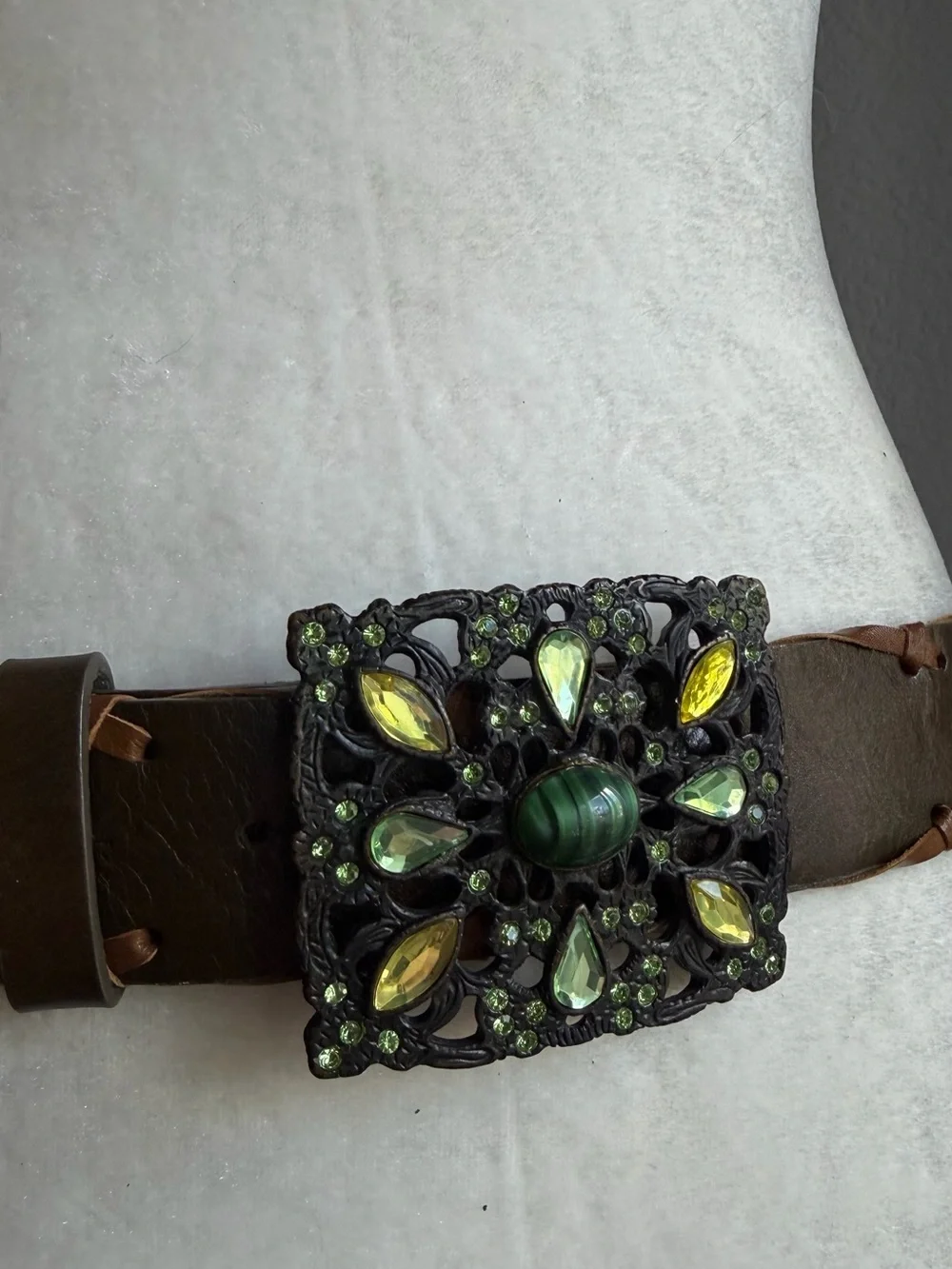 Vintage Brown Belt Green Jeweled Statement Buckle Boho Western Cottage